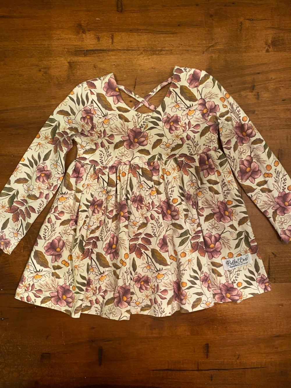 Bella & Omi Girls' Cream Floral Long-Sleeve Dress with Cross-Back Straps